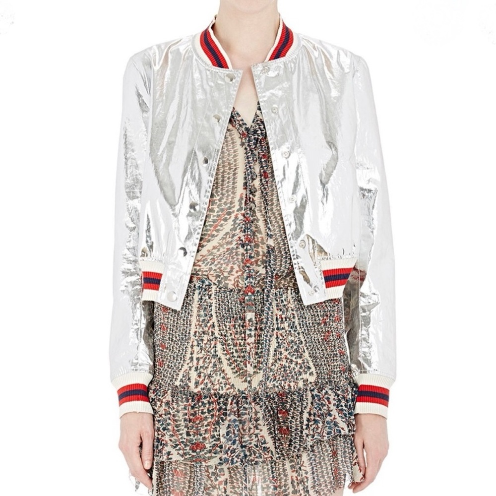 ISABEL MARANT ETOILE Ferna Embroidered Silver Bomber Jacket Rainmakers 38 - Picture 3 of 8